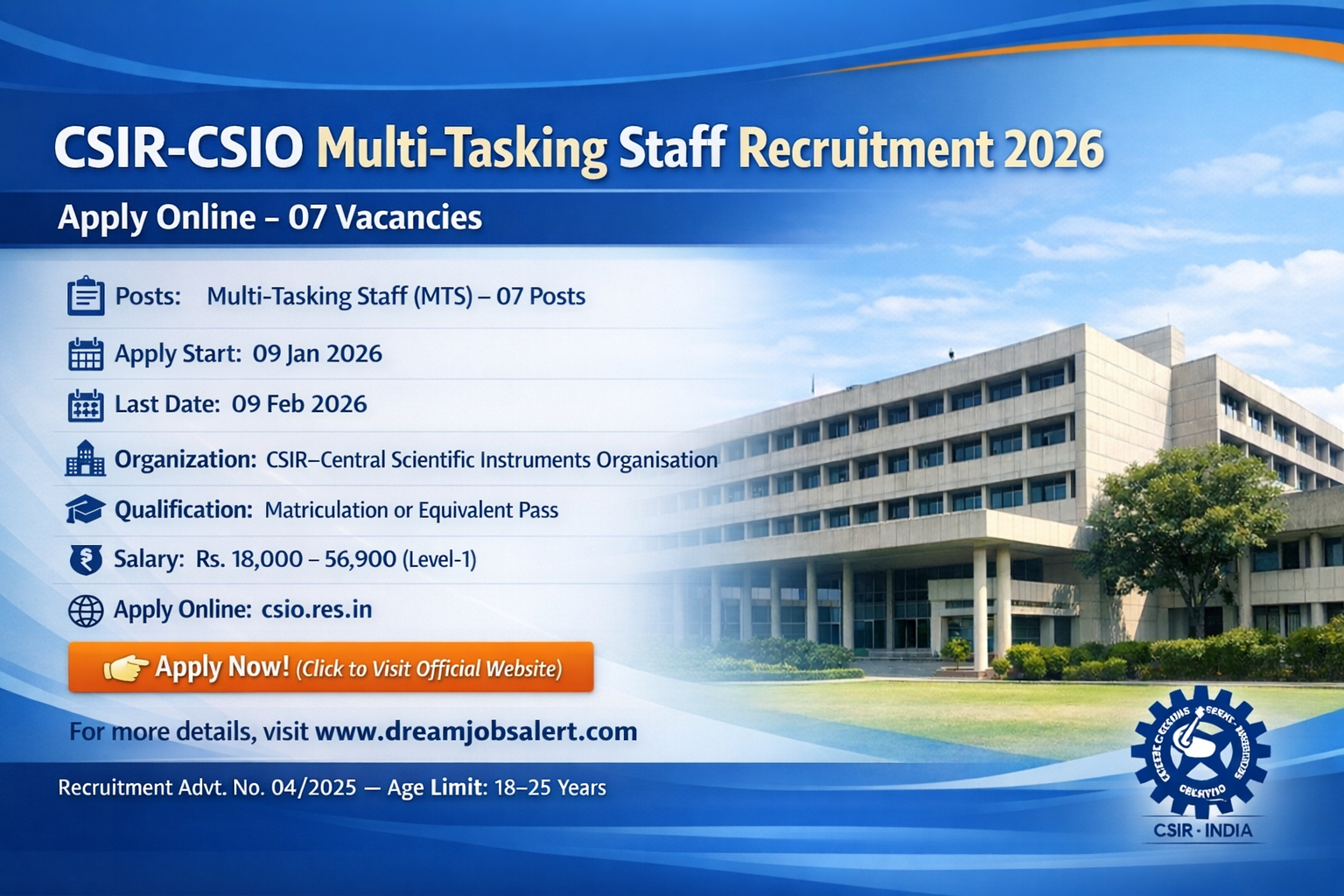 Apply Online for CSIR CSIO Multi Tasking Staff Recruitment 2026 - Total ...