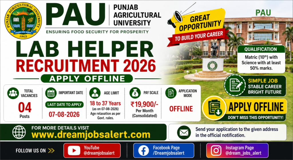 Punjab Agricultural University (PAU) 1 Lab Helper Recruitment 2026 Notification PDF