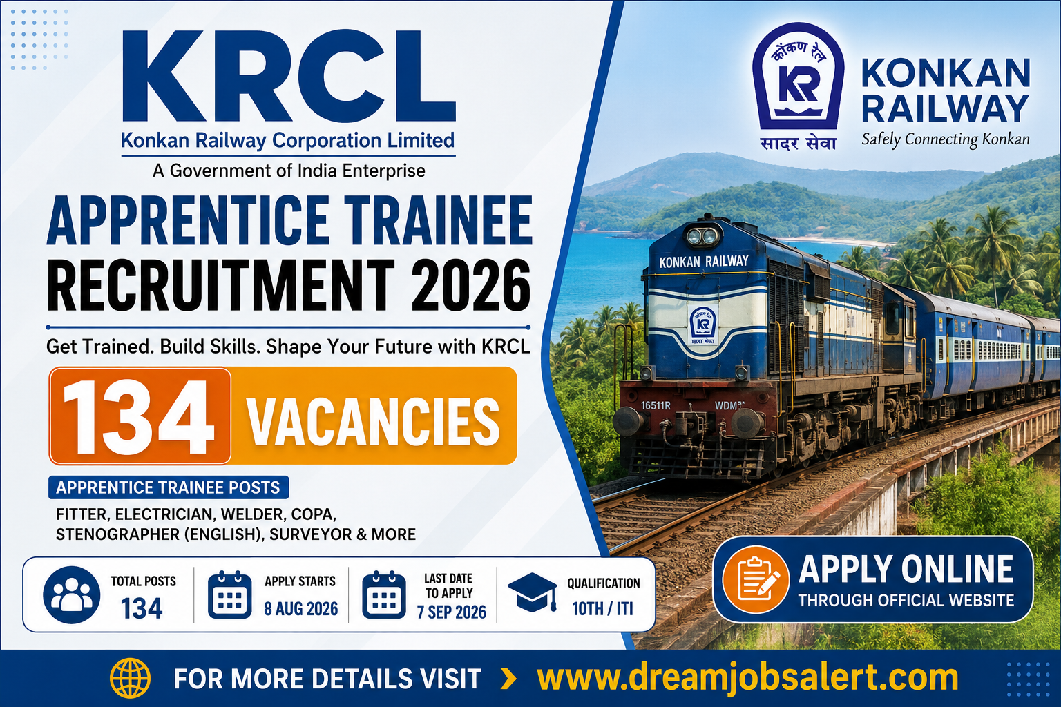 KRCL Apprentice Trainee Recruitment 2026-27 - Apply for 134 Posts