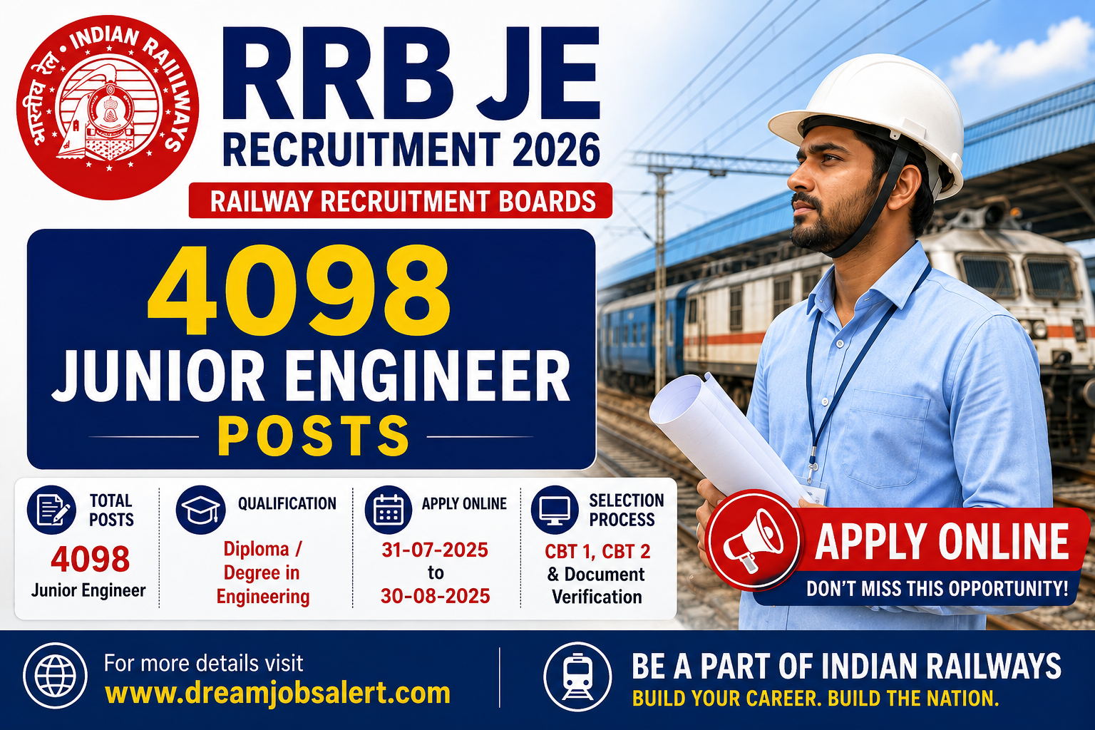 RRB JE CEN 04/2026 Recruitment 2026 - Apply Online for 4098 Junior Engineer Posts