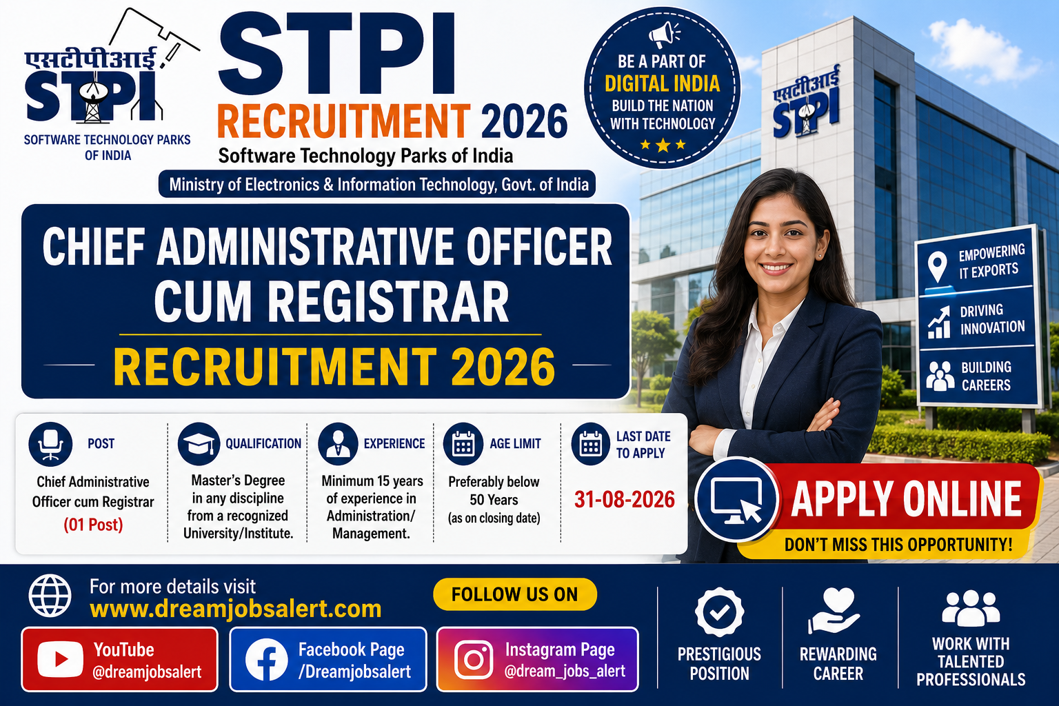 STPI Chief Administrative Officer-cum-Registrar (A-VIII) Recruitment 2026 - Apply Online