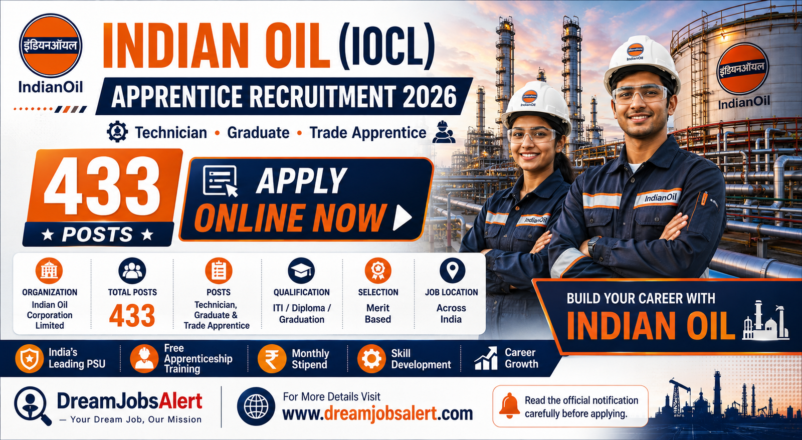 IOCL Marketing Division NR Apprentice Recruitment 2026 - Apply Online for 433 Technician, Graduate, and Trade Apprentice Posts