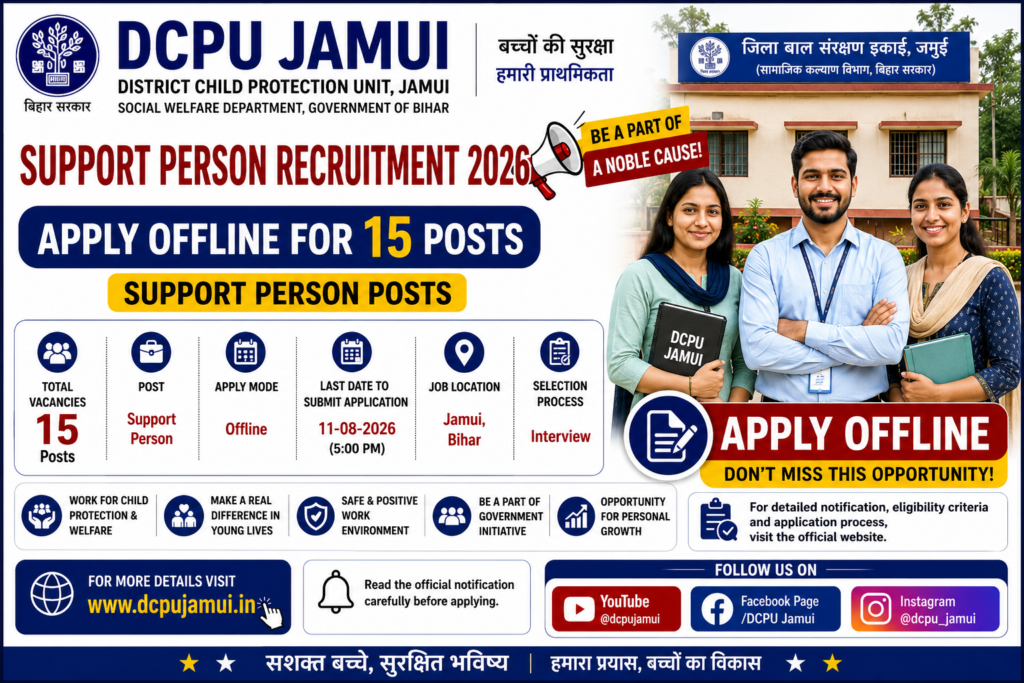 DCPU Jamui Support Person Recruitment 2026 Apply Offline