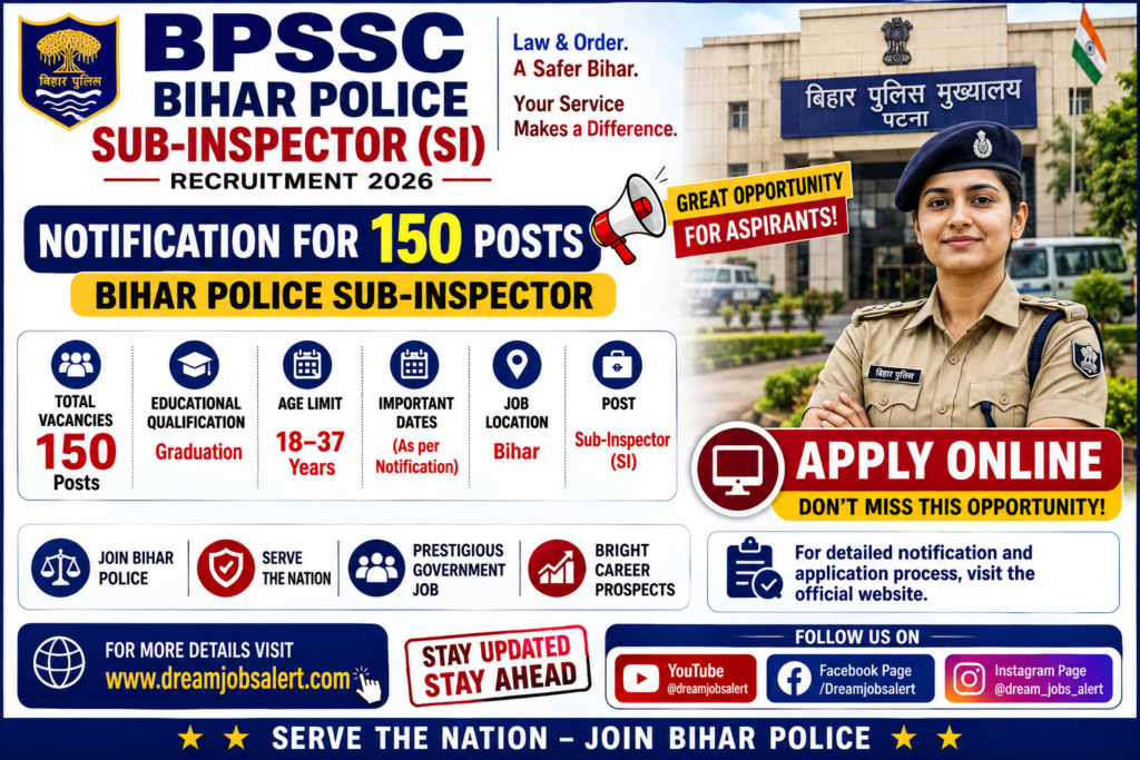 Bihar Police Subordinate Services Commission (BPSSC) has published an official notification for the recruitment of 150 Police Sub-Inspector (General Closed Cadre) Posts