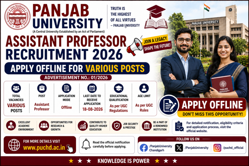 Panjab University Assistant Professor Recruitment 2026 Apply Offline